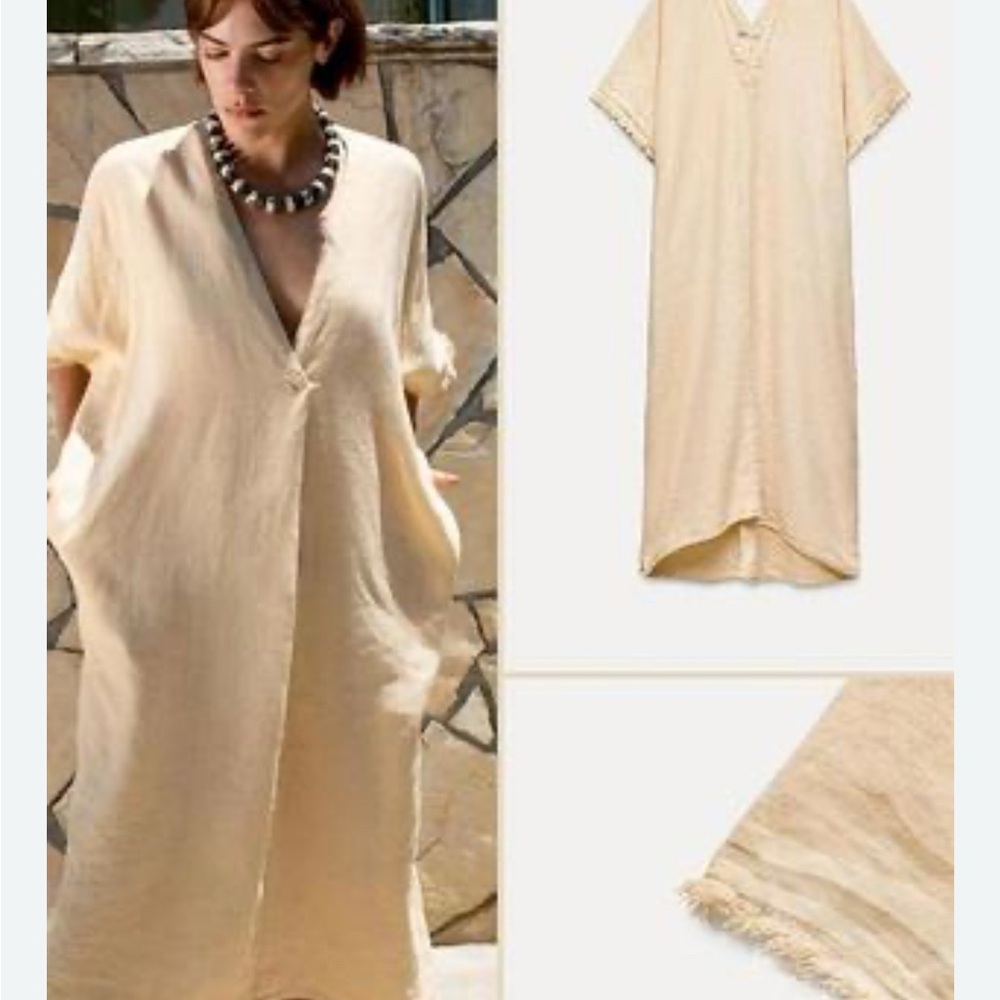 Zara Cream V-Neck Linen Blend Kaftan maxi dress loose S khaki hi-low summer